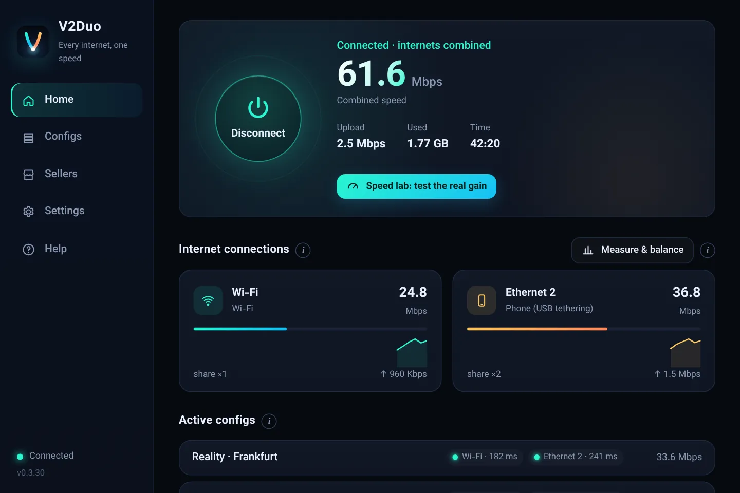 V2Duo home screen on Windows: two active connections and the live speed of each